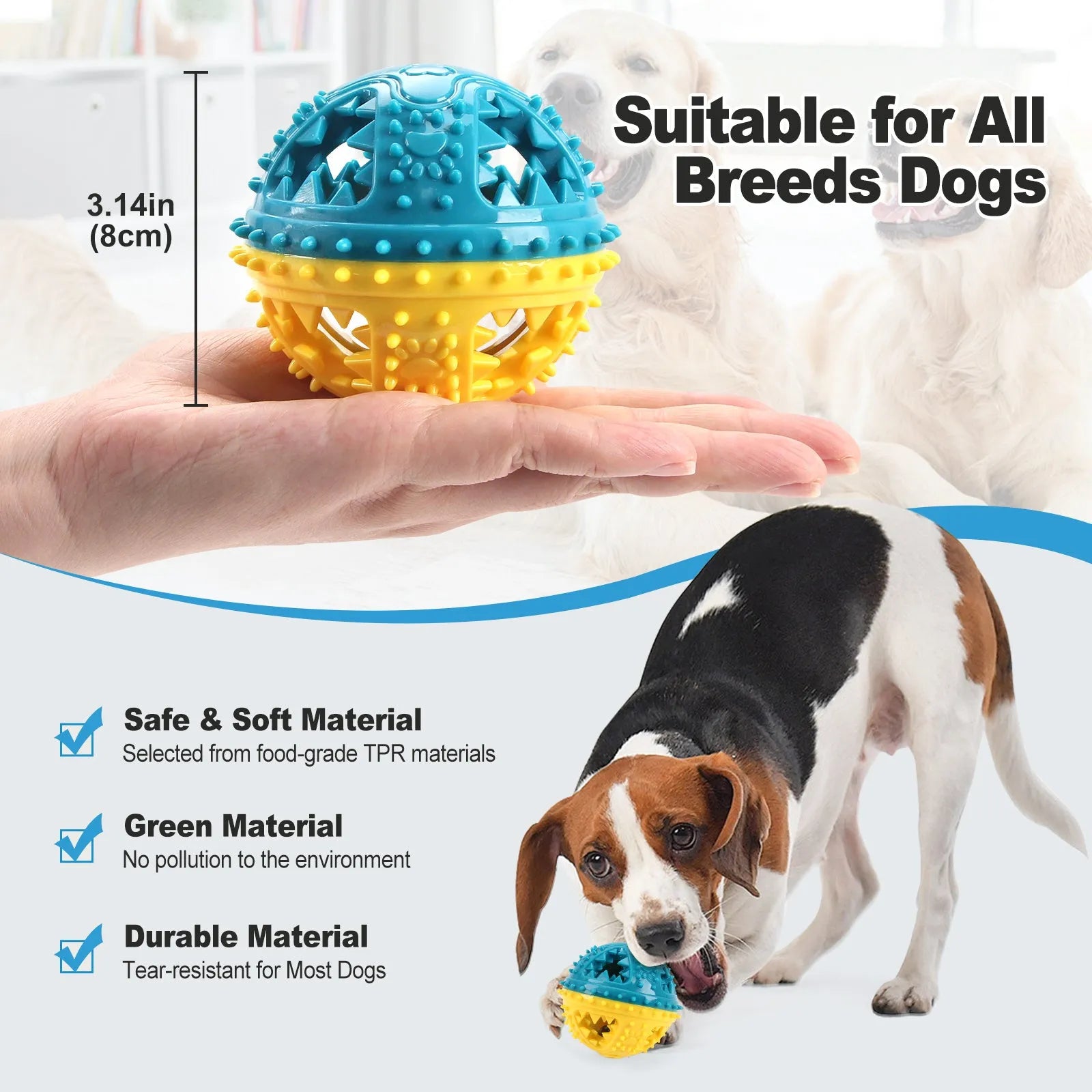 Dog chew toy ball with red and yellow colour, 8.4 cm, featuring bell and treat leakage holes