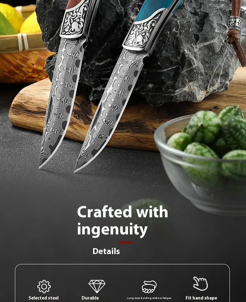 VG10 folding mini outdoor knife showing stainless steel blade and dovetail pattern in blue or red