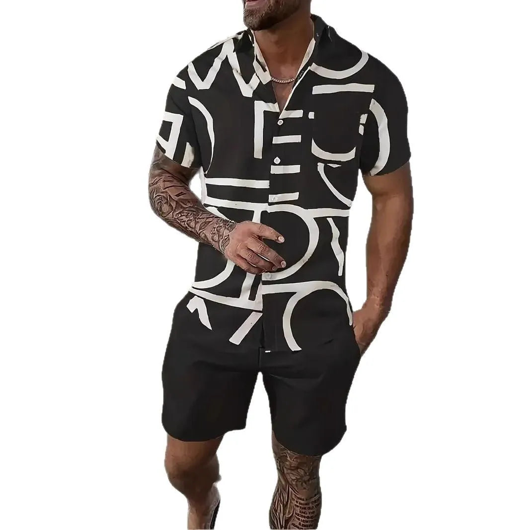 Men's short sleeve Hawaii shirt and matching shorts with a colourful 3D printed tropical pattern
