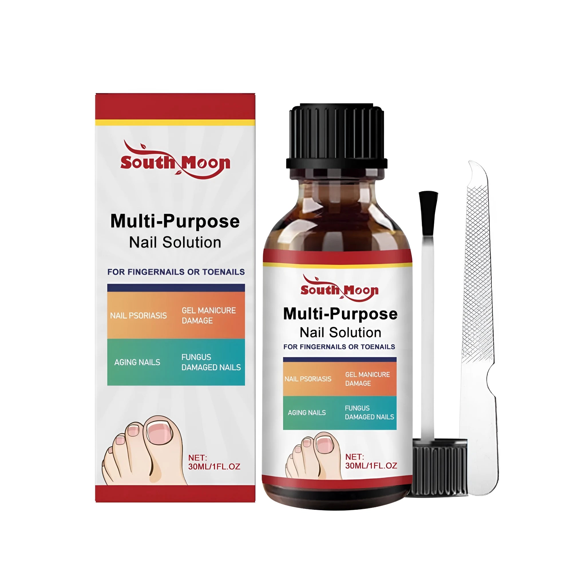 30ml bottle of nail care solution and a nail file set on a plain background.