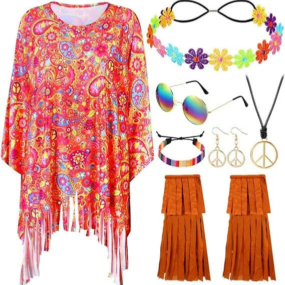 Person wearing a vibrant rainbow tie-dye sleeveless cloak with large bell sleeves at a festival.