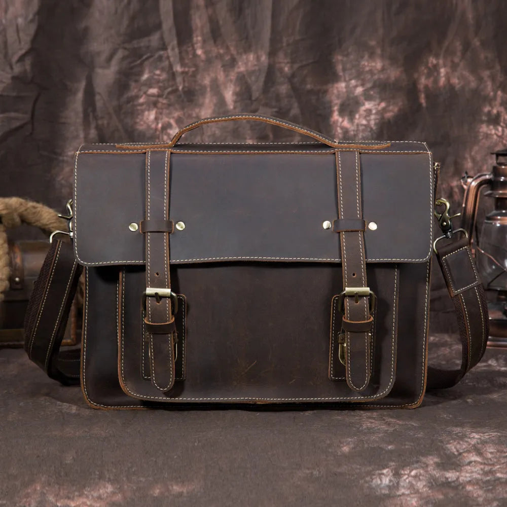 Men's dark brown coffee crazy horseskin leather shoulder bag messenger bag handbag 36cm length