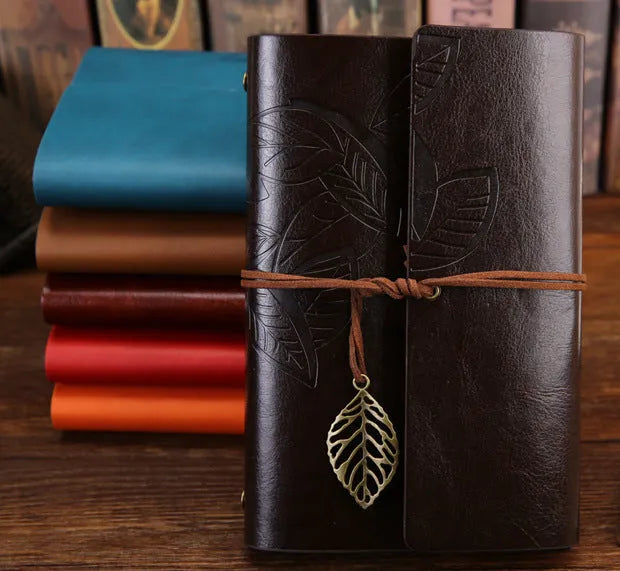 Artificial leather leaf-shaped notepad diary with beige paper, 150 pages, brown colour, large size