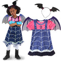Blue cotton short sleeve princess dress for a young child, shown on a hanger.