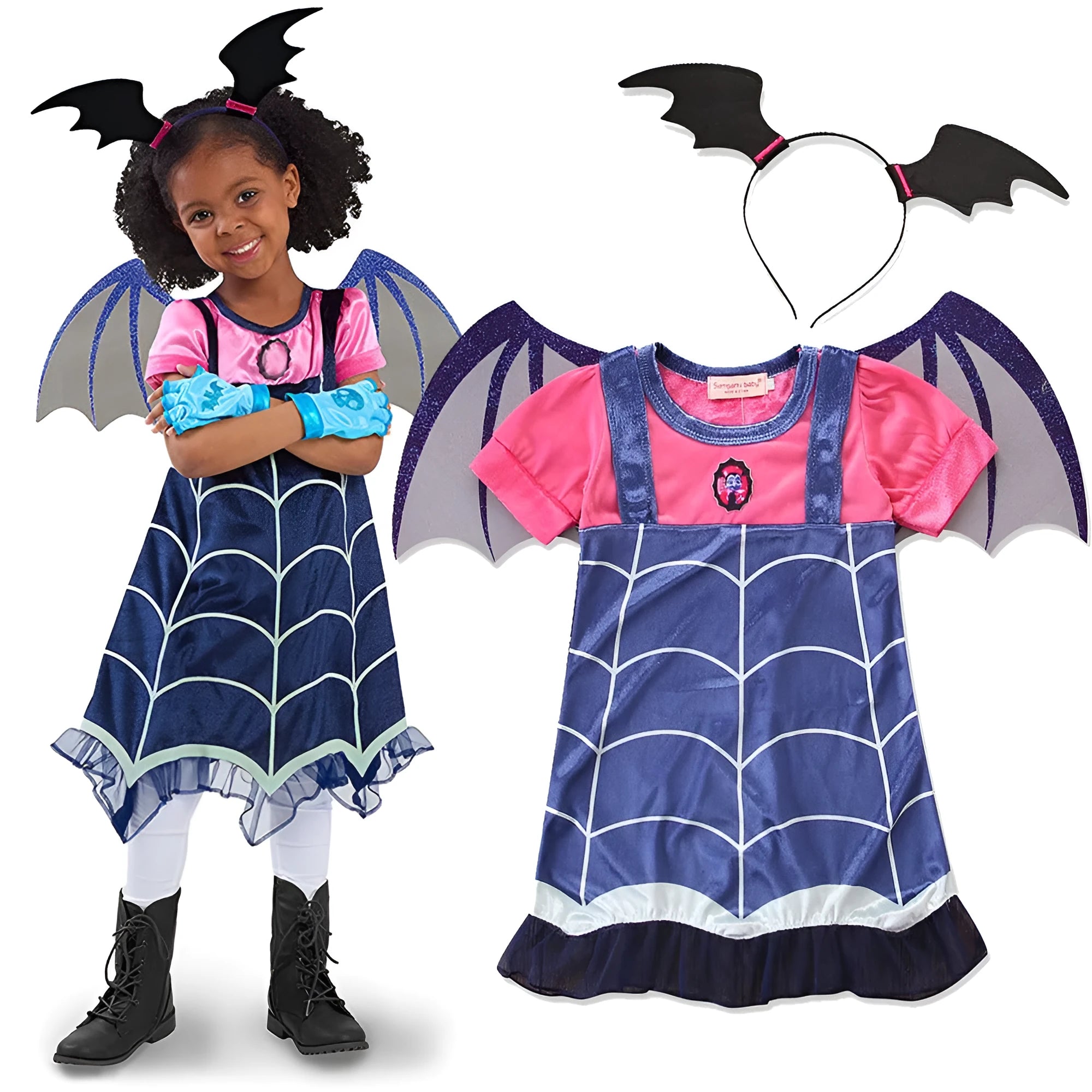 Blue cotton short sleeve princess dress for a young child, shown on a hanger.