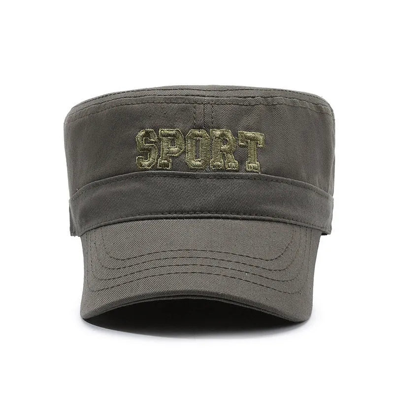 Men's flat-top peaked cotton cap in army green with adjustable strap and English letter detail on the front.