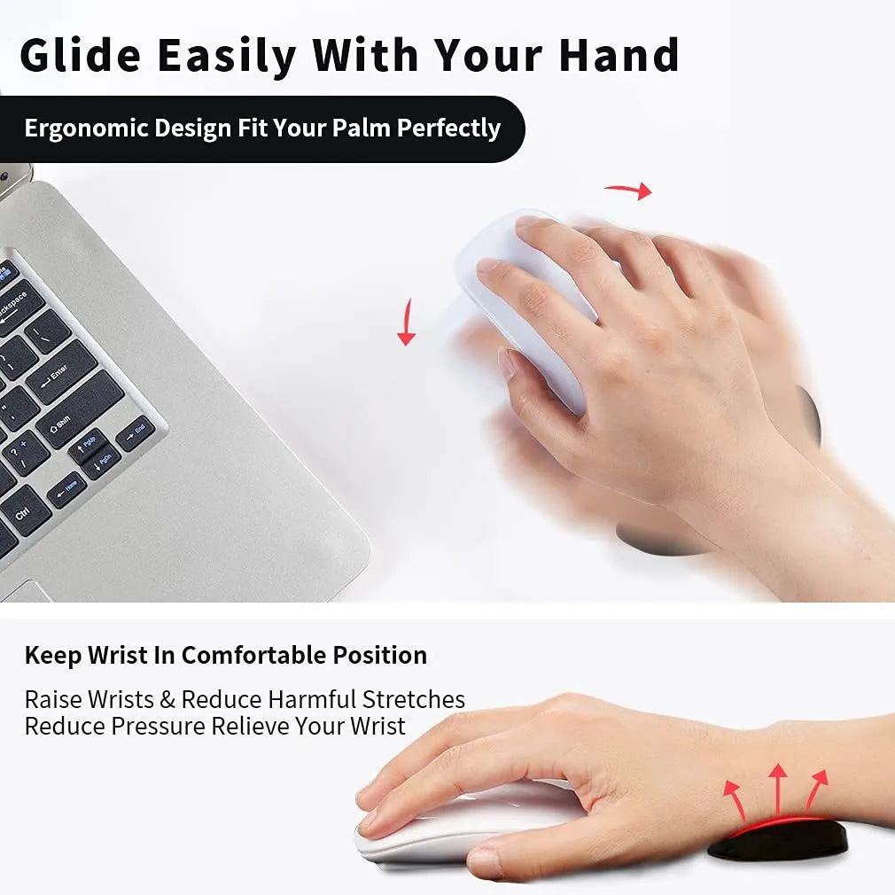 Ergonomic silicone gliding mouse wrist rest for right-handed use, black, 10 x 4.5 x 5 cm, on desk with computer mouse
