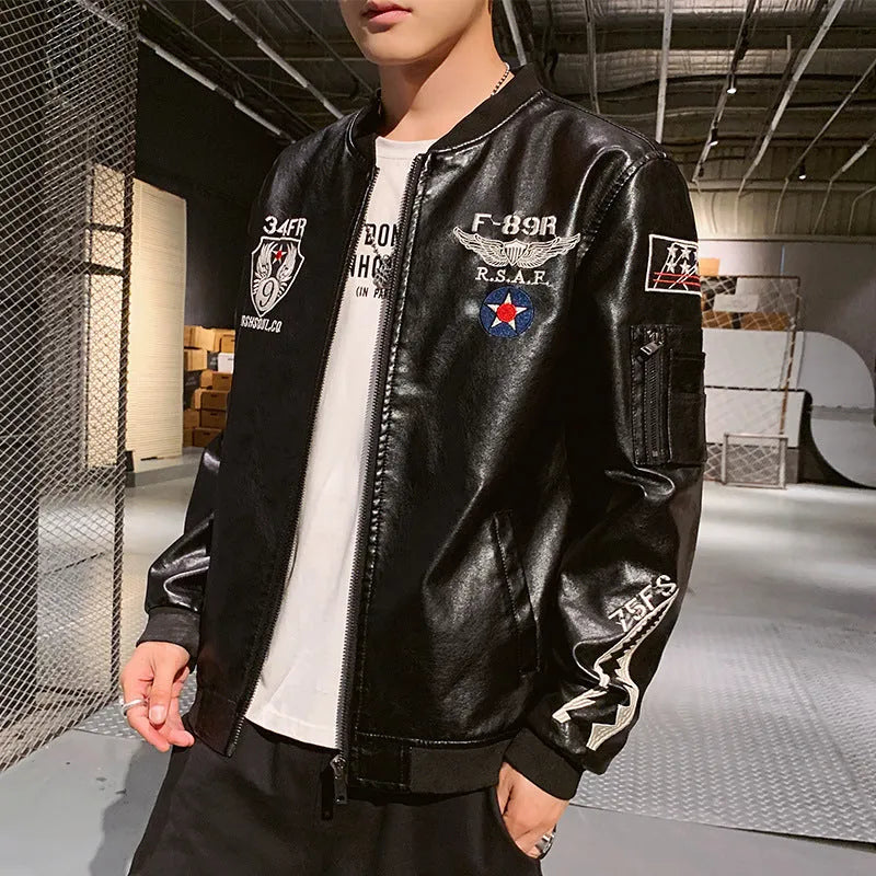 Men's embroidered PU leather motorcycle jacket with standing collar and zipper front in khaki