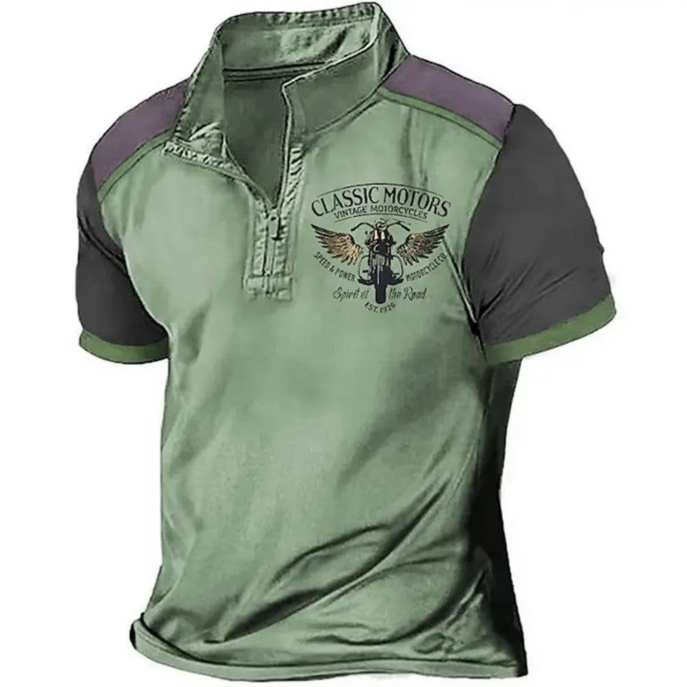 Loose fit solid colour golf polo shirt with 3D digital printing on textured fabric.