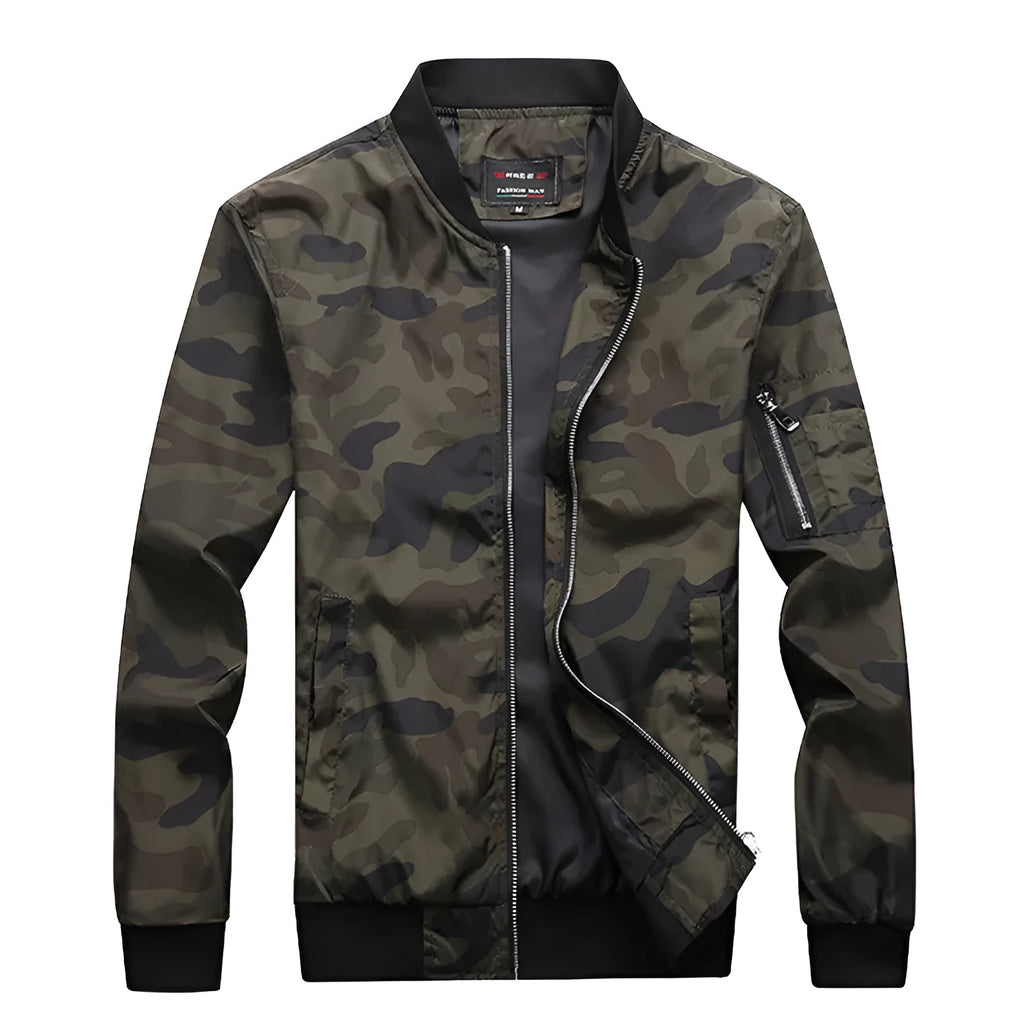 Men's camouflage bomber jacket with stand collar, zip front, long sleeves, and welt pockets in army green or dark grey