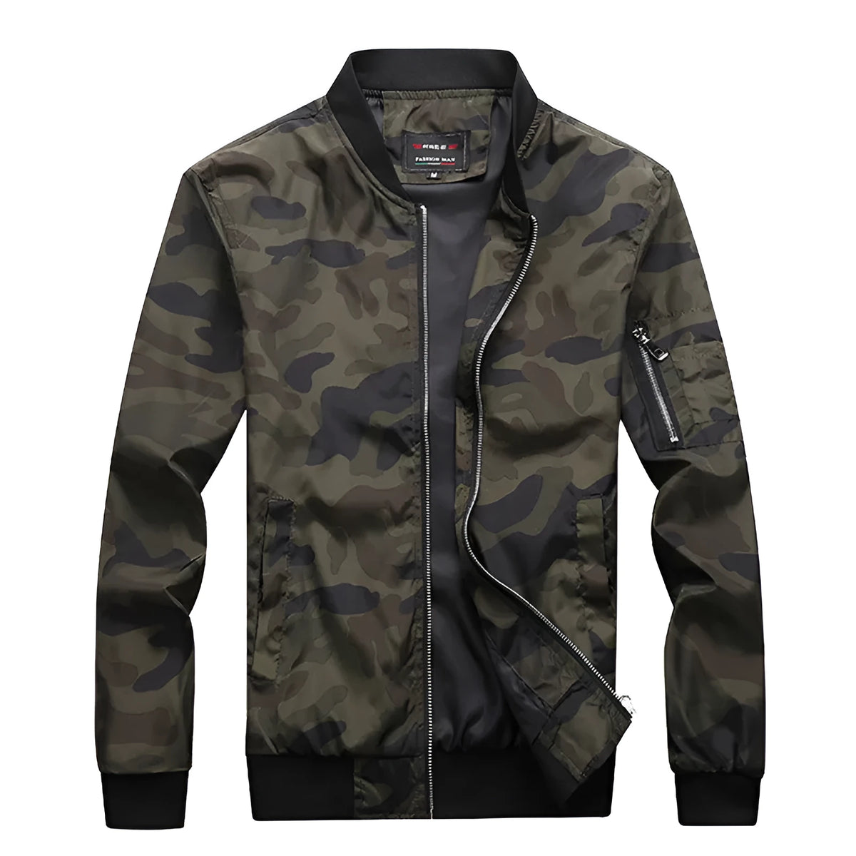 Men's camouflage bomber jacket with stand collar, zip front, long sleeves, and welt pockets in army green or dark grey