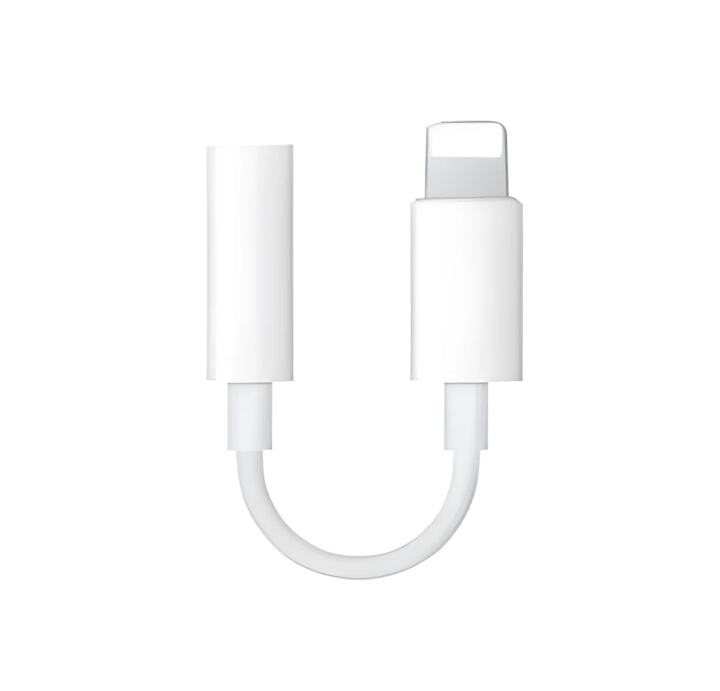 White Lightning to 3.5mm audio adapter cable with a short black TPU rubber cord.