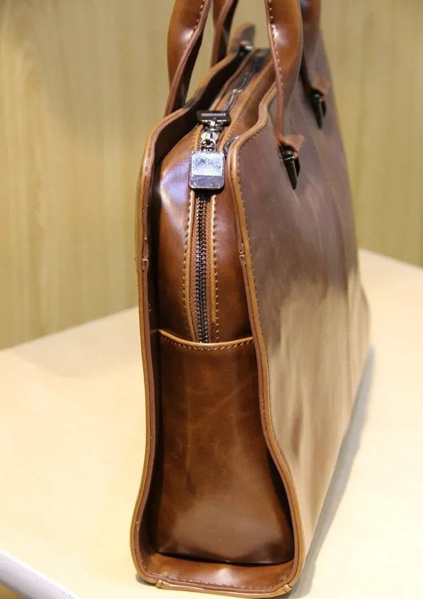 Men's leather-style business bag briefcase box shape zipper closure black coffee colour 38cm wide