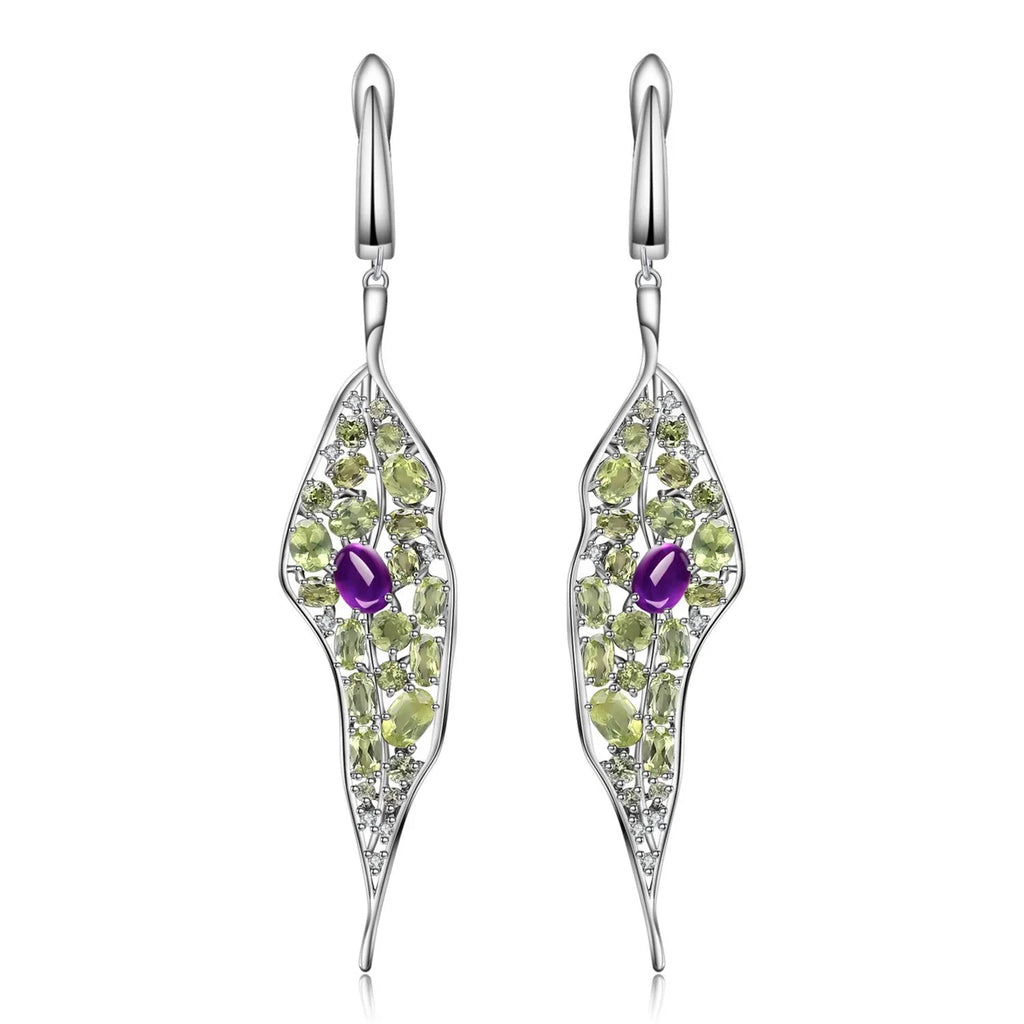Women's 925 sterling silver earrings with purple amethyst and green olivine gems in a retro style