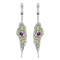 Women's 925 sterling silver earrings with purple amethyst and green olivine gems in a retro style
