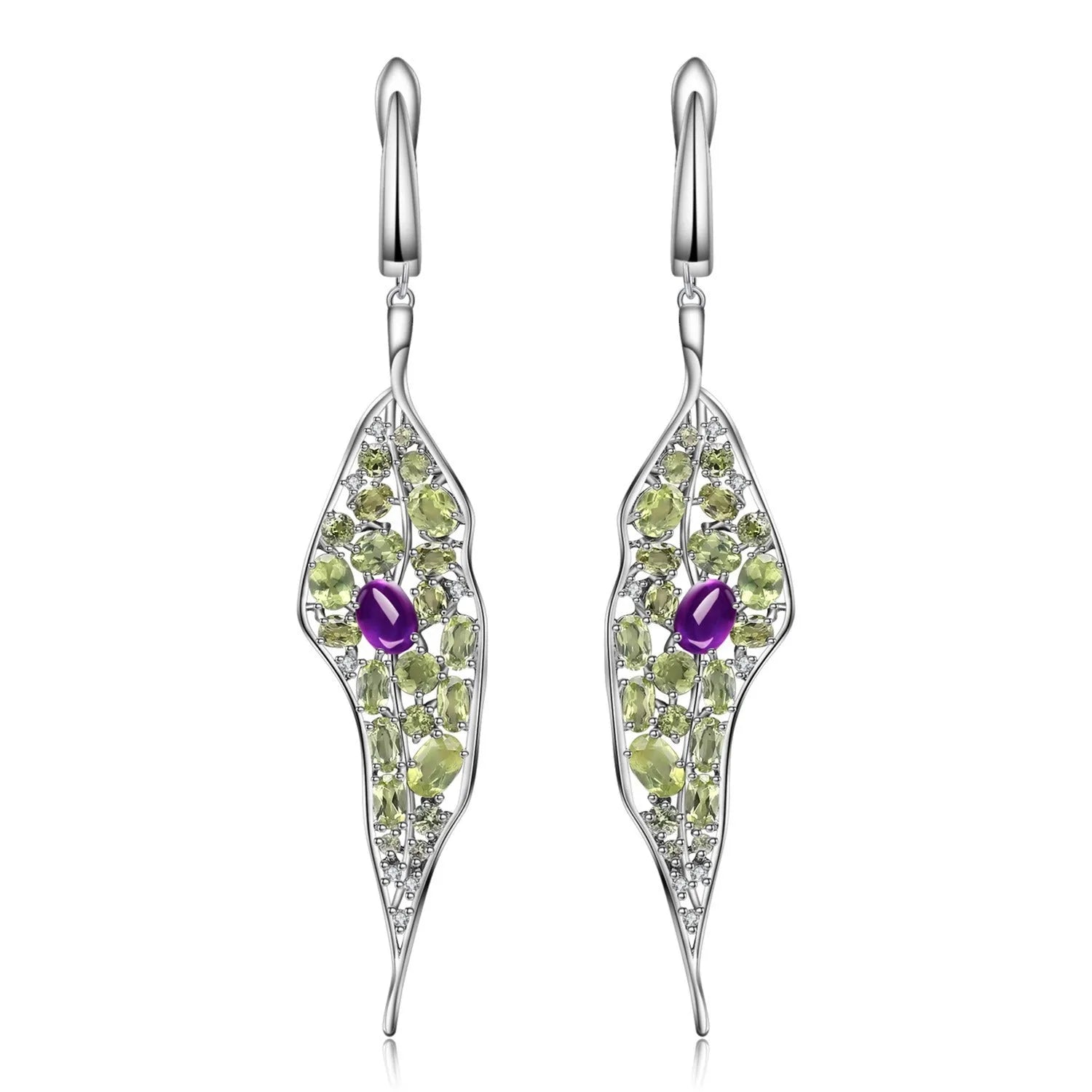 Women's 925 sterling silver earrings with purple amethyst and green olivine gems in a retro style