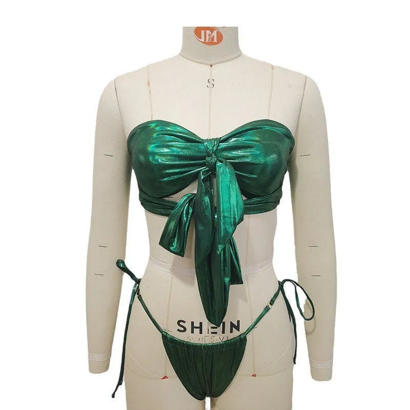 Women's lace-up front swimsuit with wireless chest pad in a floral print, showing high-leg split briefs design.