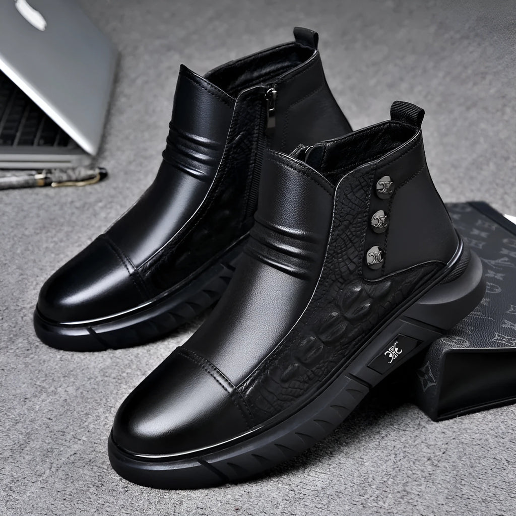 Men's black genuine leather worker boots with warm lining, non-slip round toe, sizes 38-44