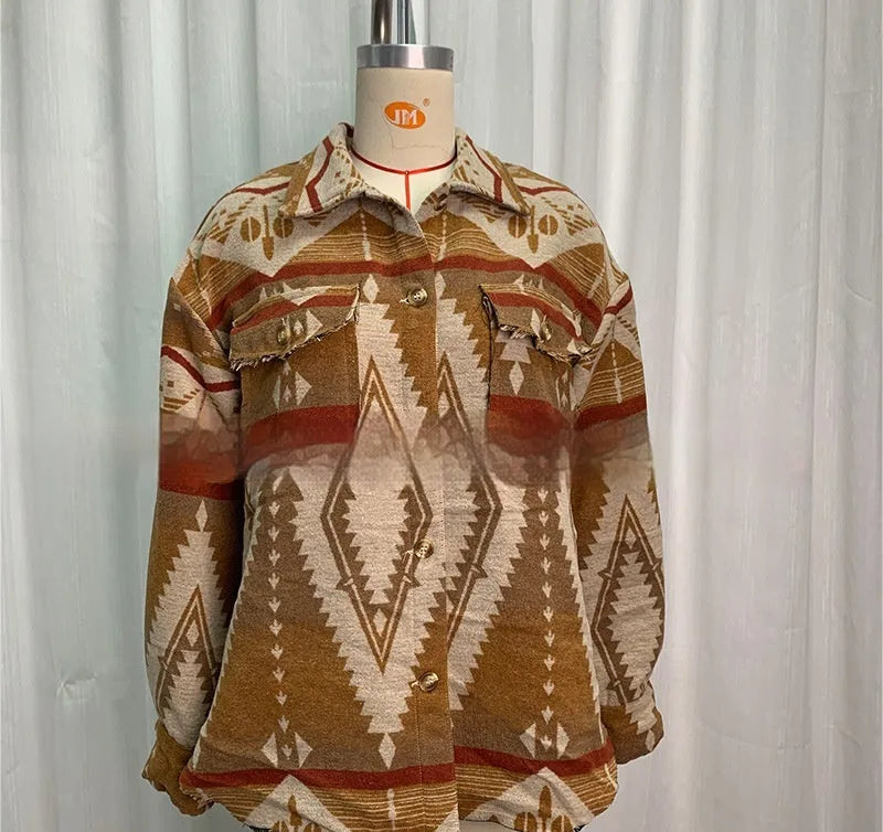 Women's retro style Aztec print woolen coat in loose fit with long sleeves.