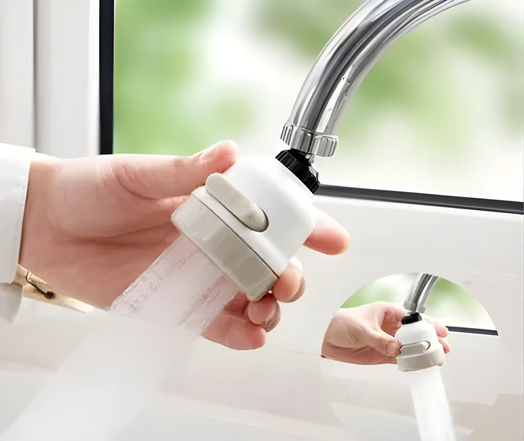 Faucet booster shower attachment in white and grey with 3-mode spray button and 360-degree rotatable head for round taps