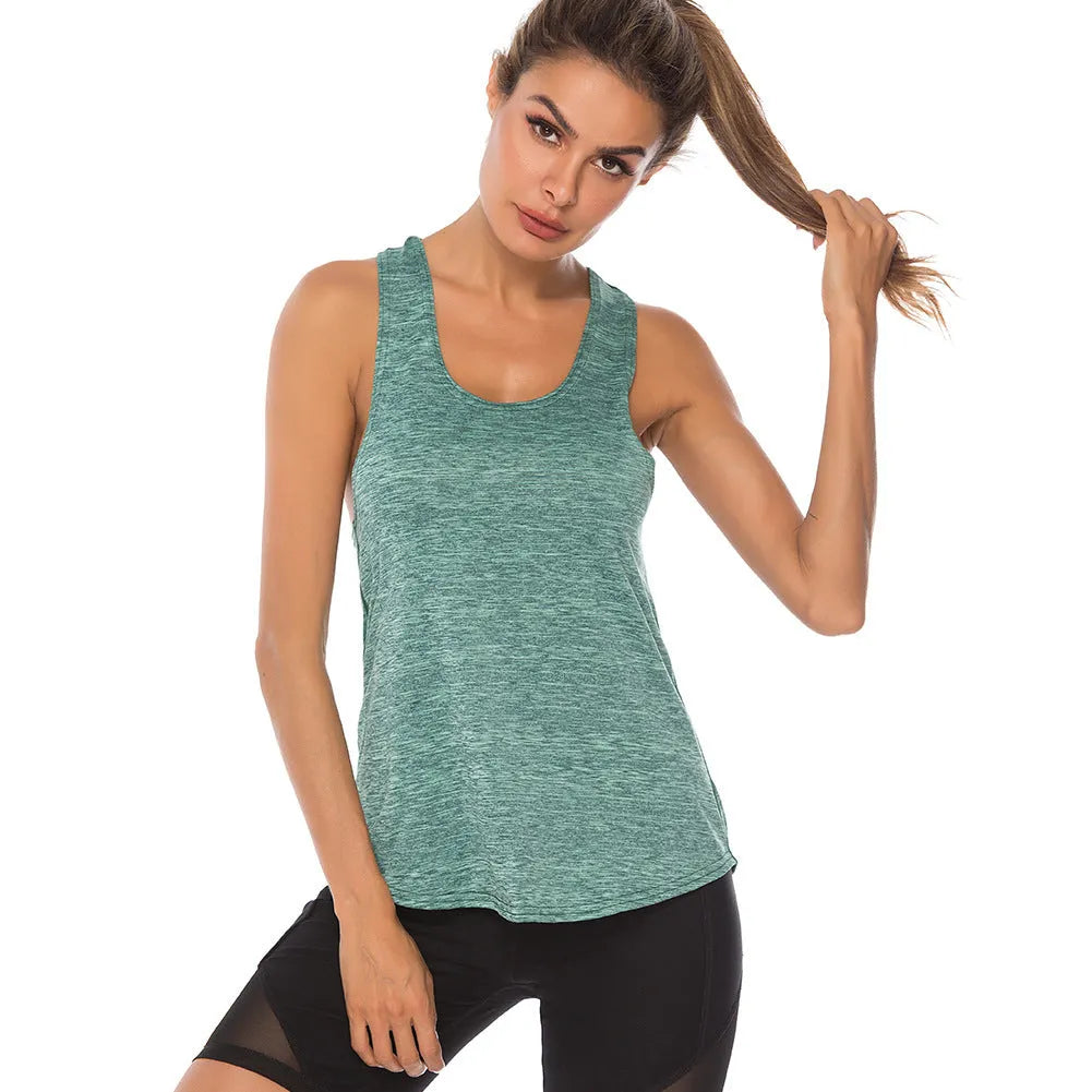 Women's sleeveless polyester gym vest with O neck, shown in slate, sky blue, pink, green and purple, sizes S to XL