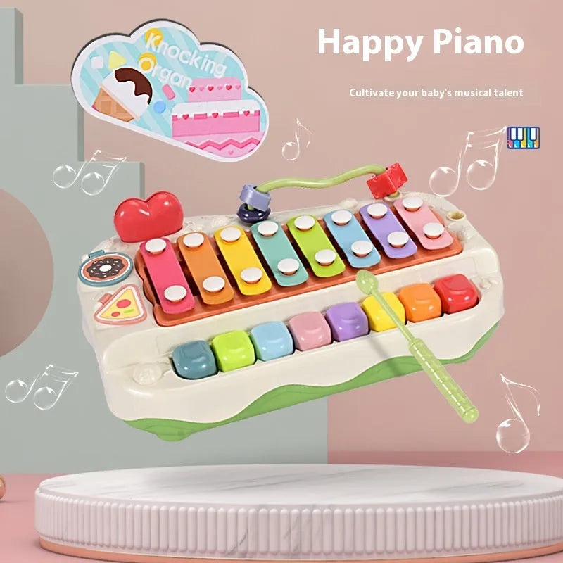 Educational eight-tone toy piano baby xylophone in coral red plastic with keys and mallets for infants