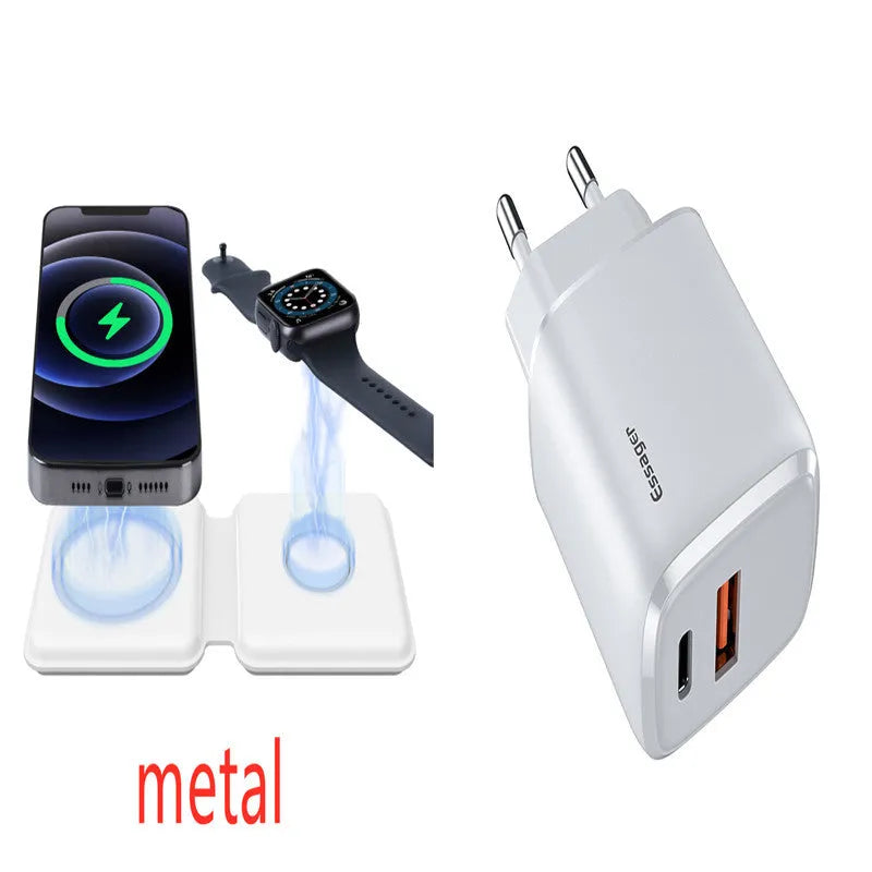White 2 in 1 magnetic wireless charger with foldable design and dual charging pads