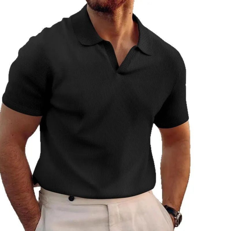 Men's slim-fit lapel collar T-shirt with a heavy waffle texture, shown in a solid colour.