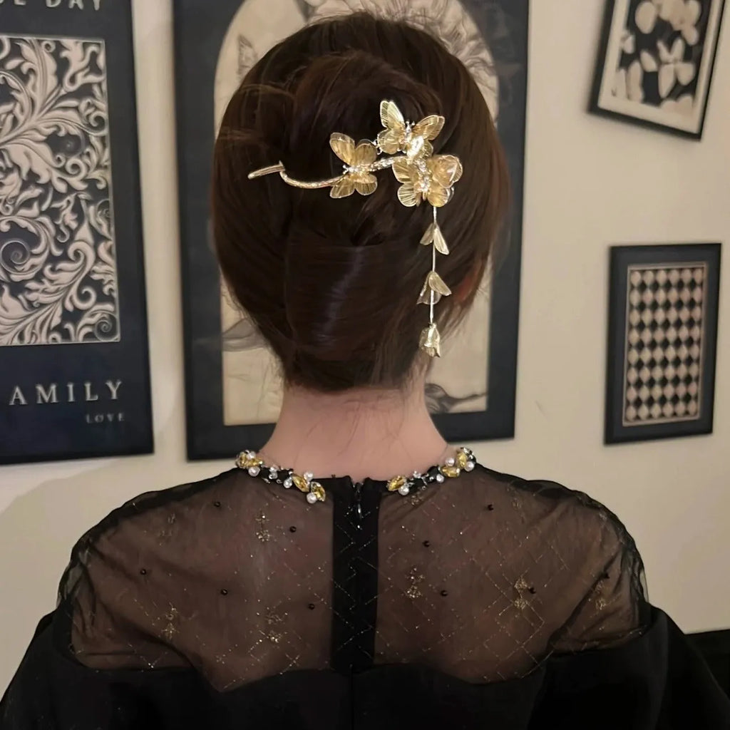 Butterfly and flower tassel banana clip in electroplated alloy, Korean style hair accessory for women