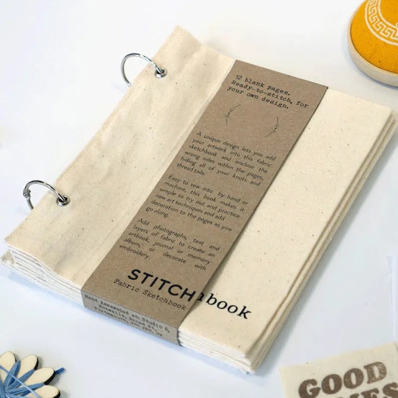Blank fabric painting sketchbook with linen stitch cover in creamy white, square shape, 17.6cm x 12.5cm