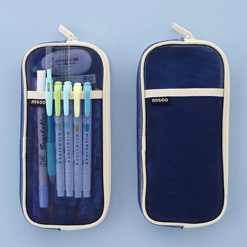 Mesh pen case transparent square pencil pouch in beige with visible stationery inside