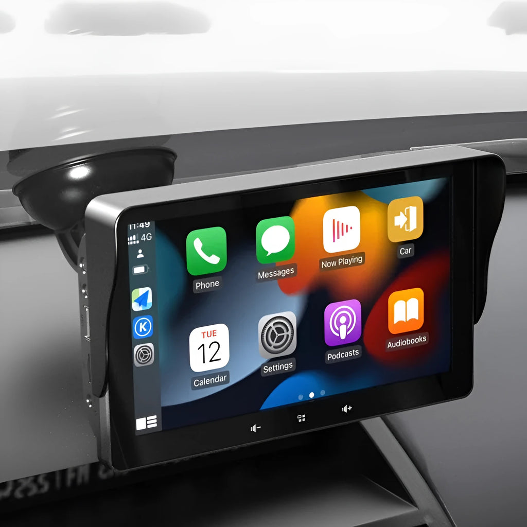 A 7-inch universal wireless CarPlay display with suction cup mount on a car dashboard.