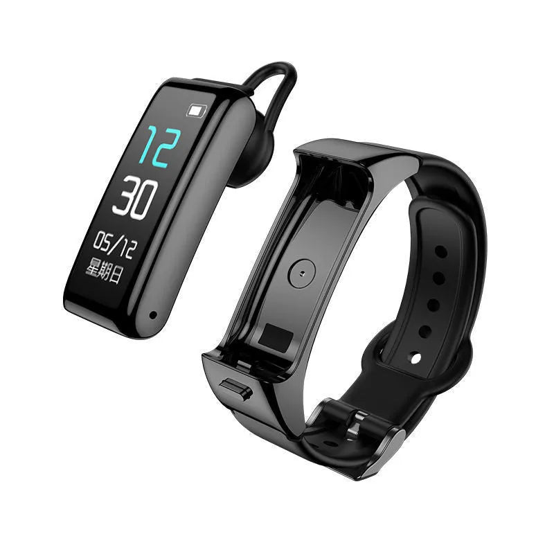 Black multifunctional Bluetooth electronic smartwatch with a touch screen on a leather strap.