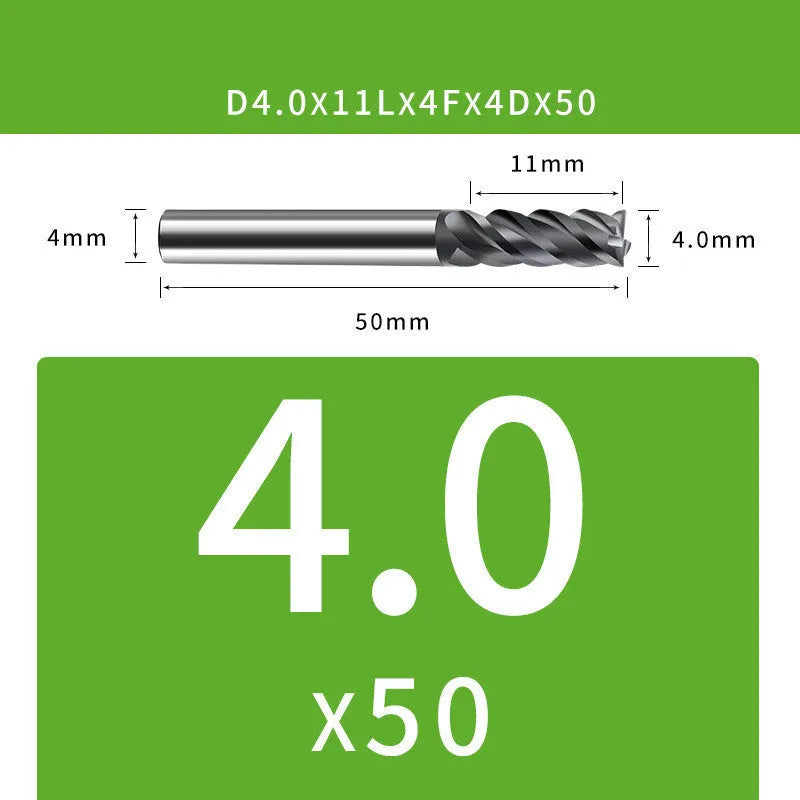 4-blade tungsten steel end mill for CNC machining with size specifications