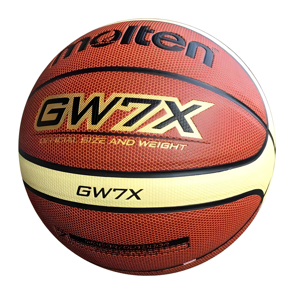 Orange size 7 training basketball with wear-resistant particle skin on an indoor court floor
