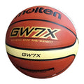 Orange size 7 training basketball with wear-resistant particle skin on an indoor court floor
