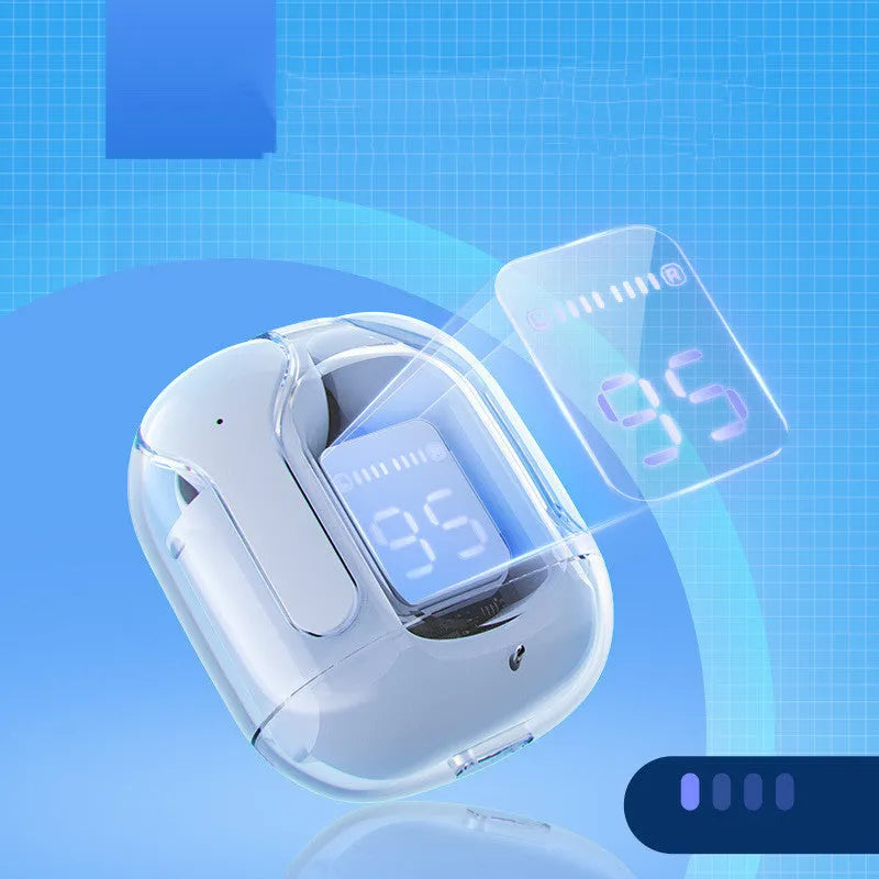 Mini wireless Bluetooth headset with LED display shown in green, next to its silicone case and USB-C charging cable.
