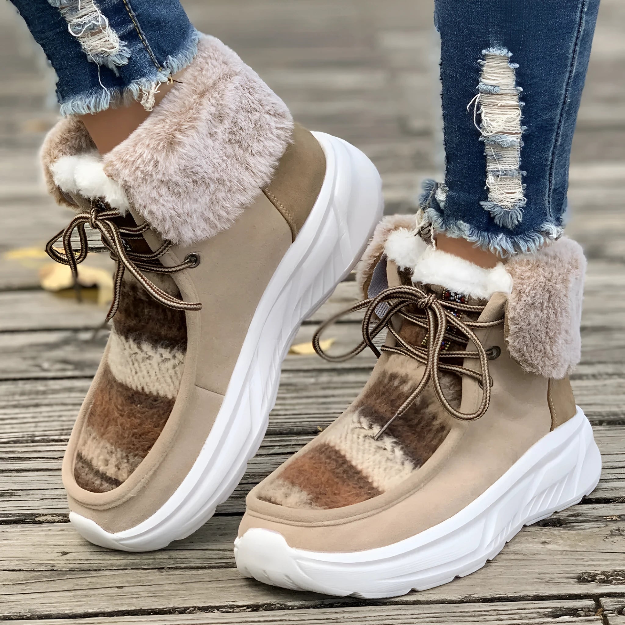 Women's beige fuzzy suede lace-up snow boots with thick rubber sole and plush lining.