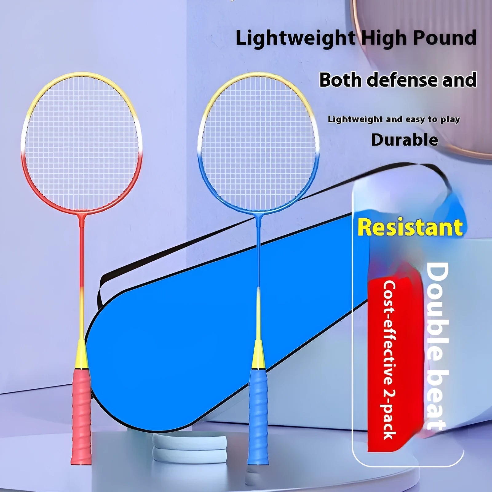 Pair of blue and red ultra-light aluminium alloy badminton rackets with split-frame design on a court.