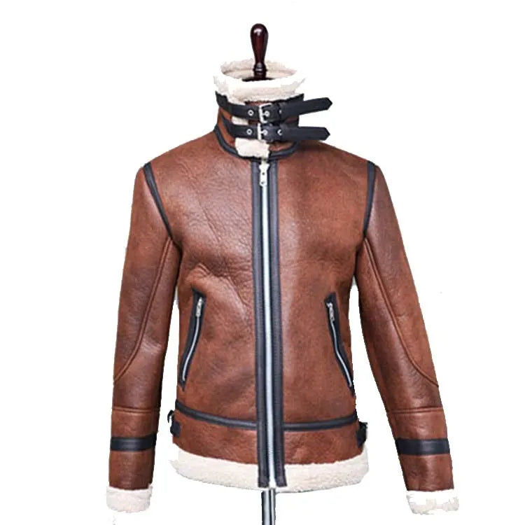 Men's black PU leather winter jacket with highneck faux fur liner and front zip closure against a neutral background