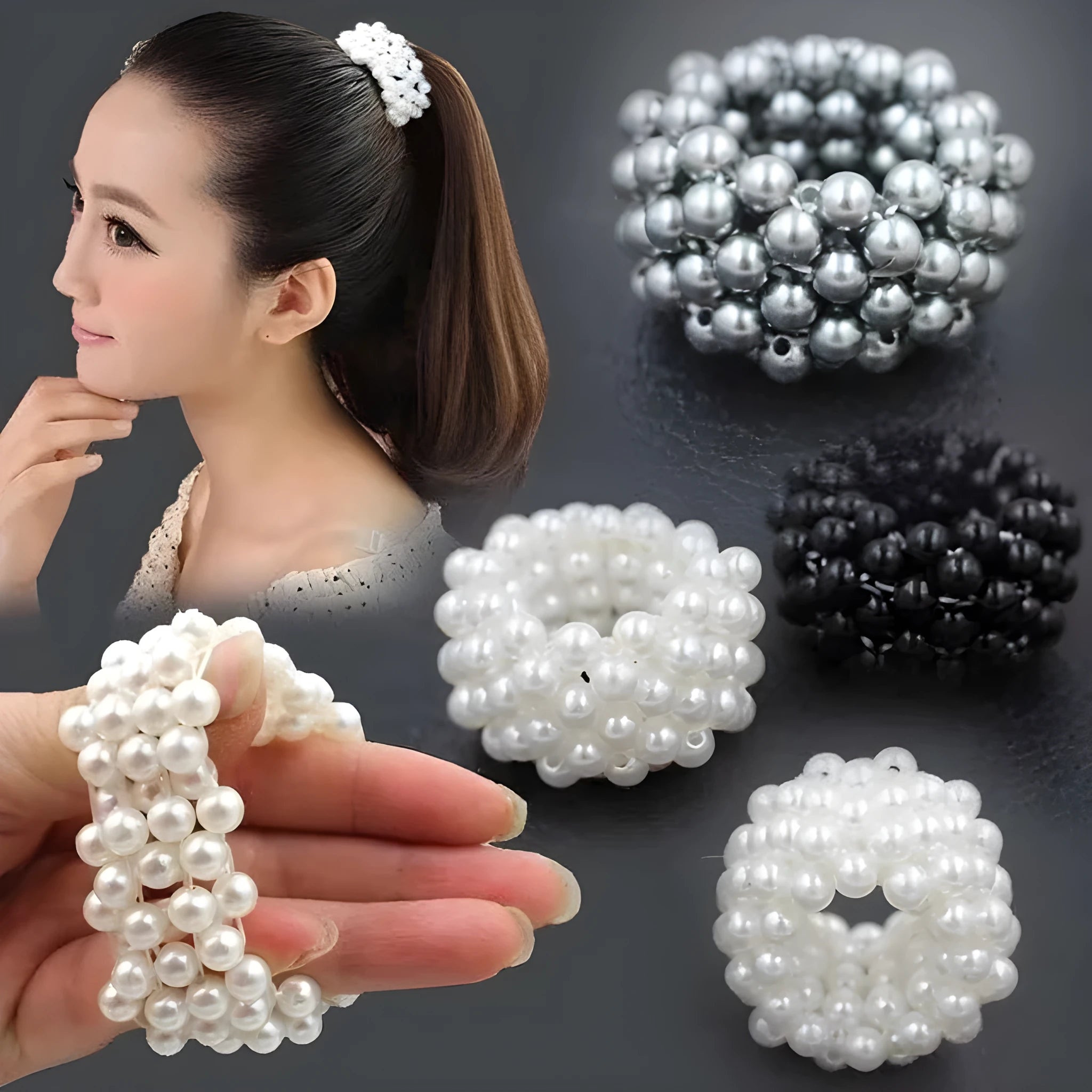 Fashion handmade beaded hair rope with imitation pearl beads in black colour