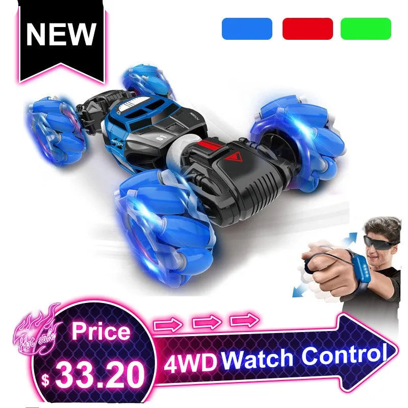 Red remote control stunt car with gesture control, morphing off-road tyres, lights, and music, measuring 32 cm long