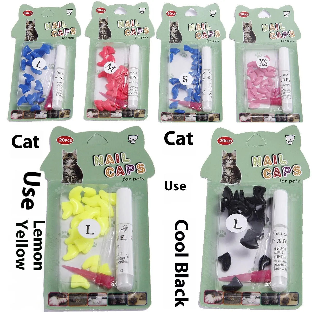 Silicone cat nail cover in morning light green, XS to L sizes for 0.5-10kg cats, OPP bag packaging