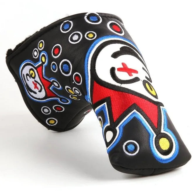 Pu leather golf putter cover with cartoon clown design on a green background