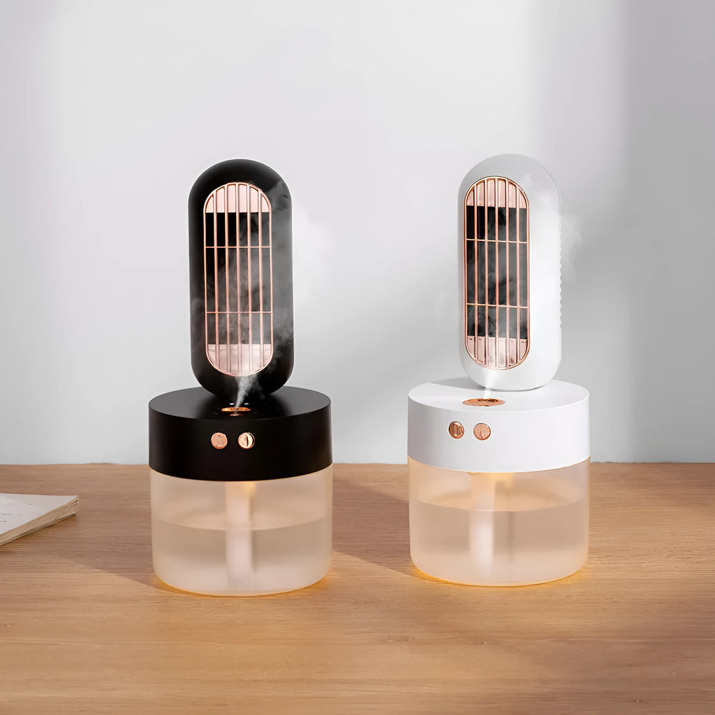 Small black and white oscillating humidifier fan with mechanical controls and charging capability