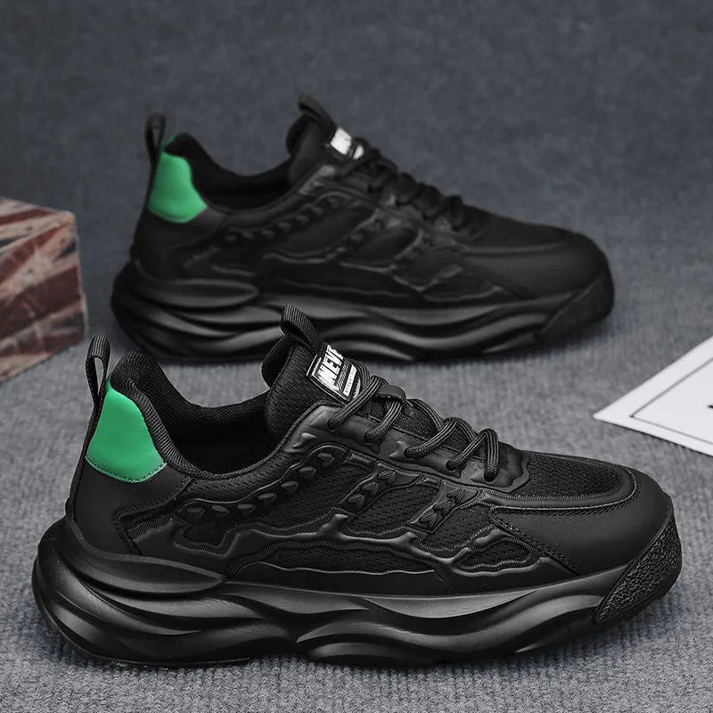 Men's solid colour breathable mesh shoes in white or black with round toe.
