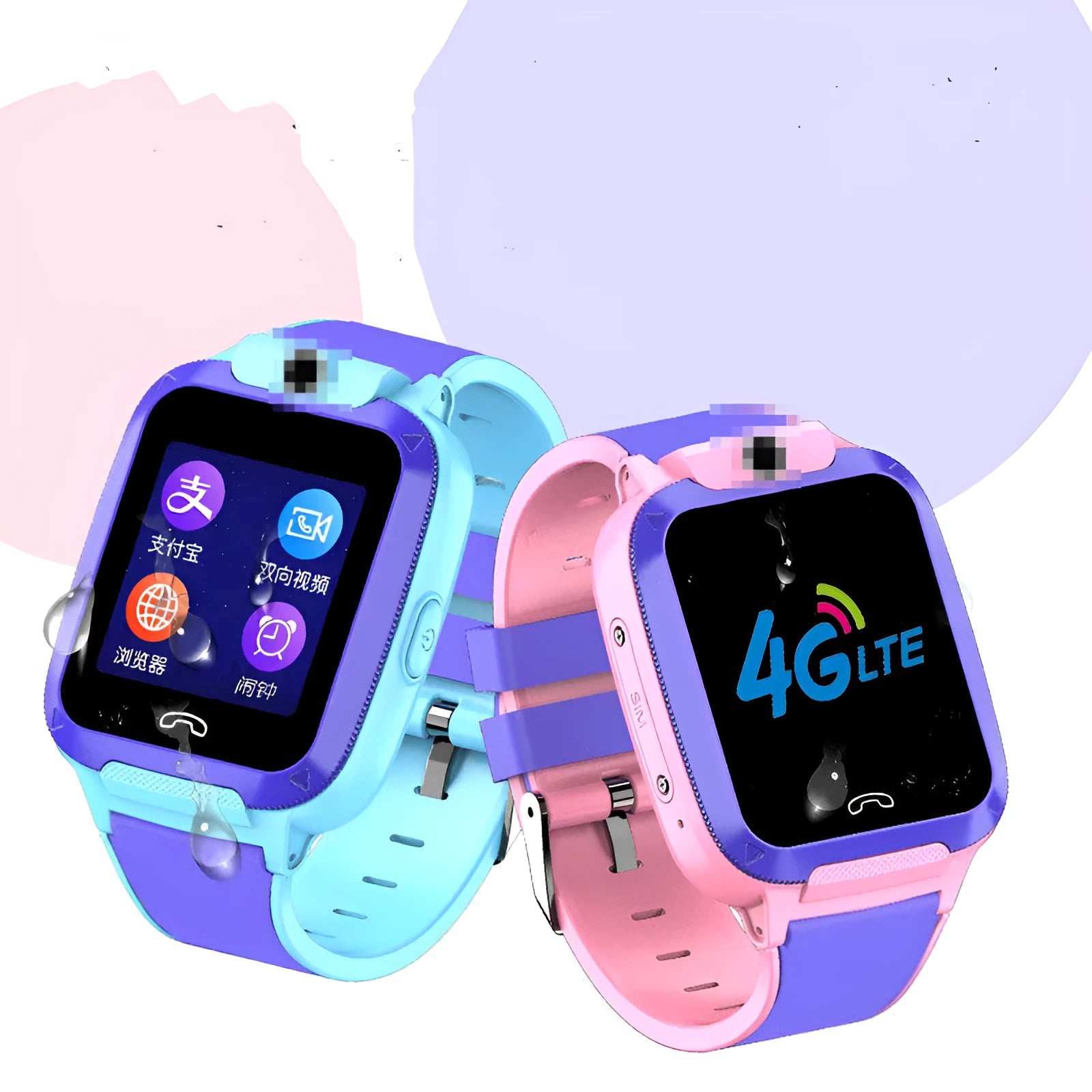 Blue and pink children's smartwatch with touch screen for video calls and GPS.