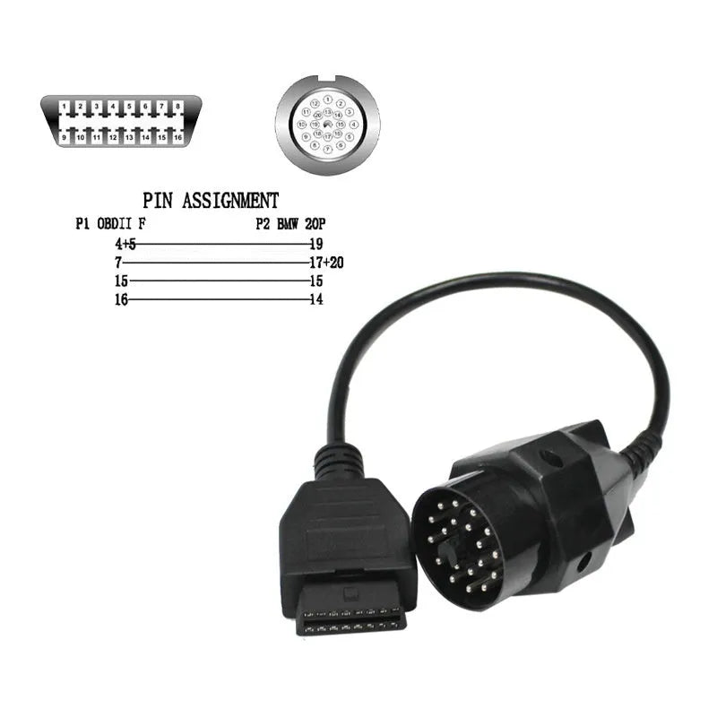 OBD2 adapter cable with a black BMW 20-pin plug and a standard 16-pin female OBD2 socket on the ends.