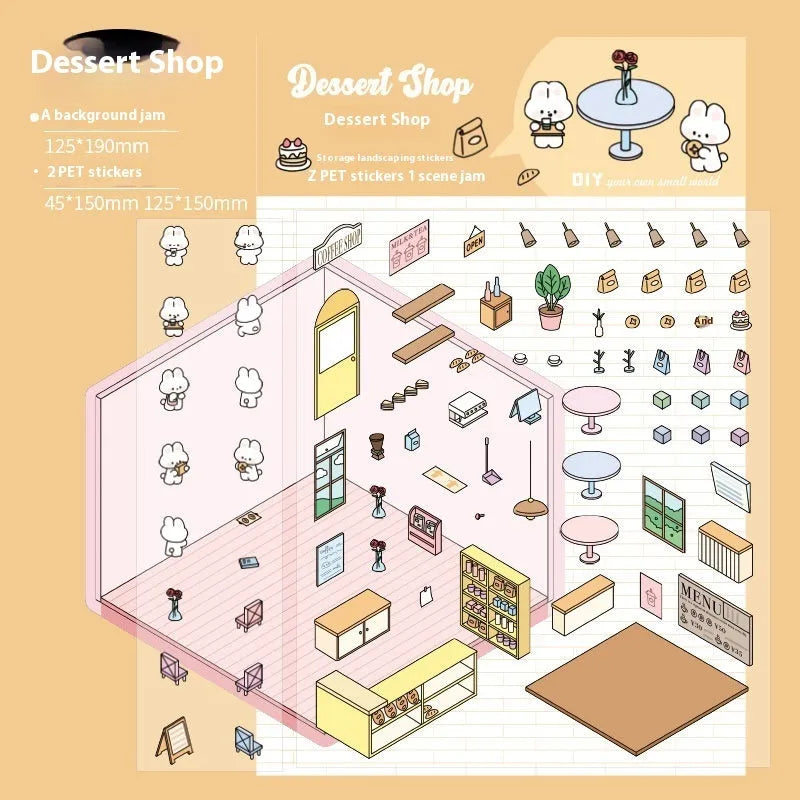 Sheet of pre-cut three-dimensional cartoon landscaping stickers for hand accounting, showing bakery, flower shop, and bookstore designs.