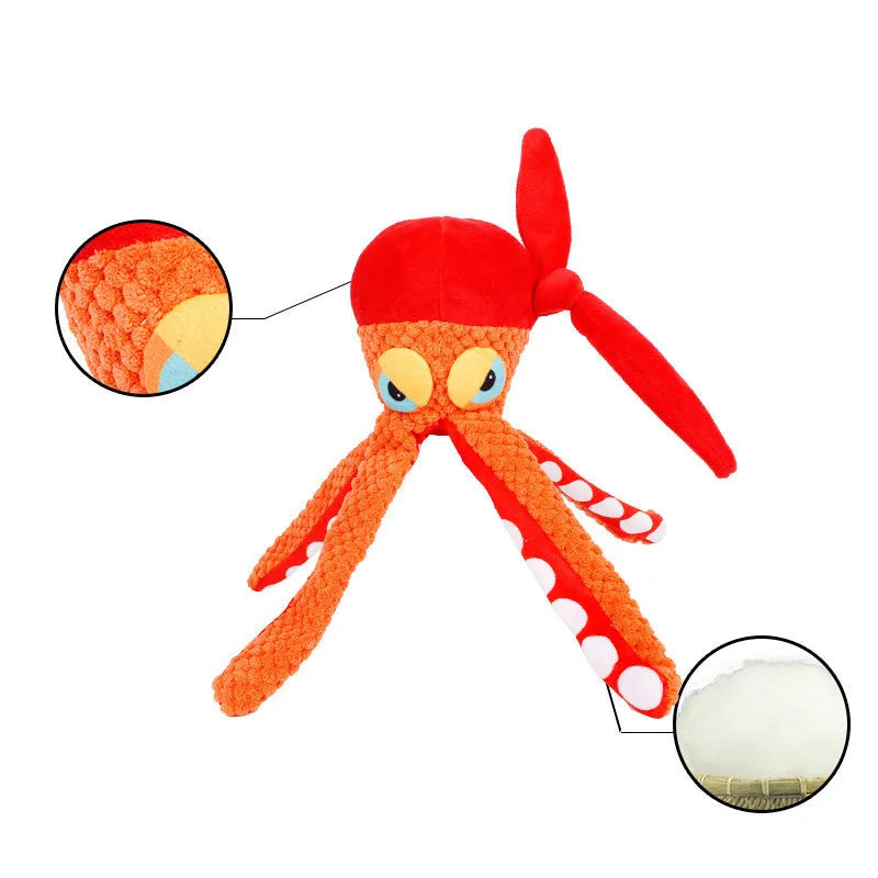 Orange squeaky octopus plush dog toy with creased paper, 180x100x300mm, 153g, for chewing and teeth grinding
